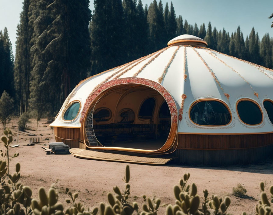 Dome-shaped structure with ornate designs in forest clearing