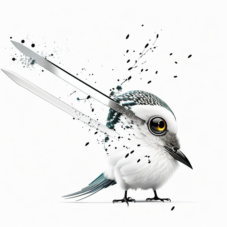 Stylized bird with splatter effect and yellow eye on white background