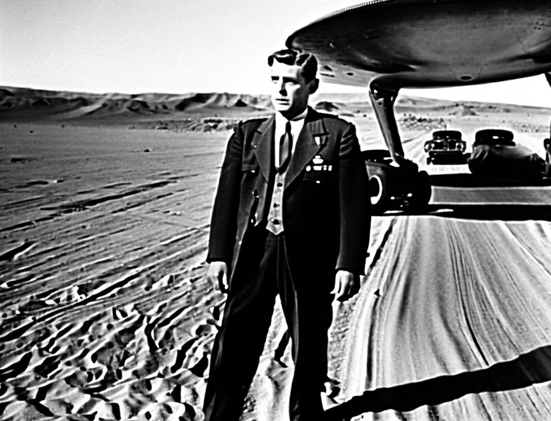 Monochrome image: man in suit in desert with flying saucer and vintage cars