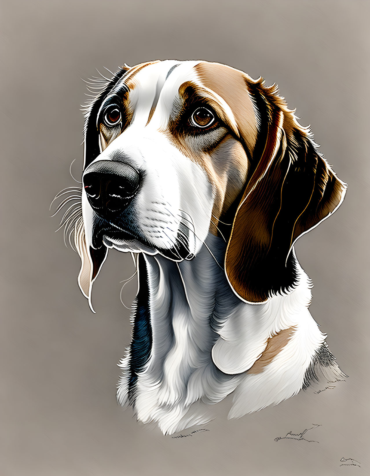 Beagle illustration: soulful eyes, drooping ears, detailed fur, neutral backdrop