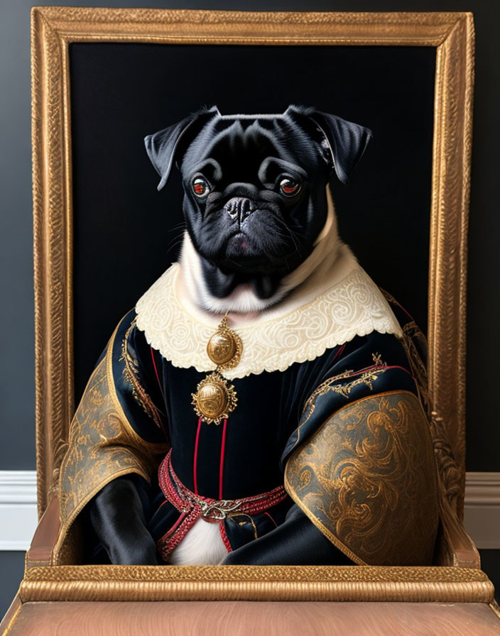 Pug dog in renaissance noble attire within ornate frame