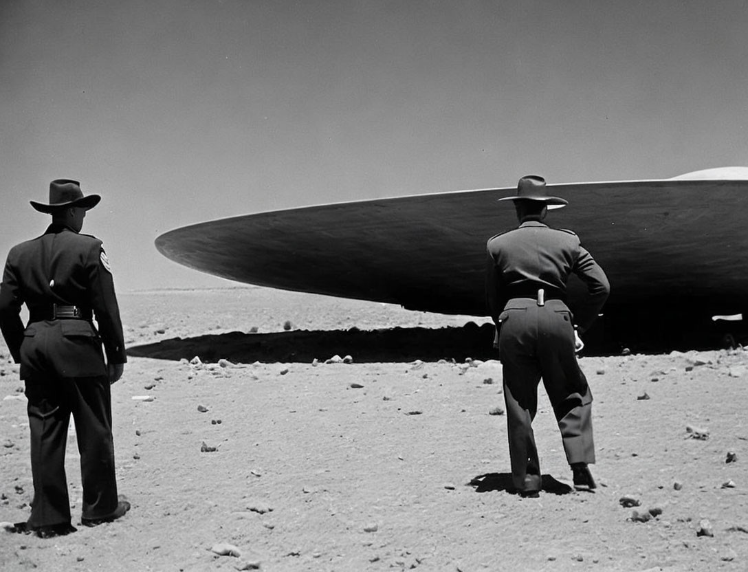 Uniformed individuals observe disk-shaped object in desolate landscape