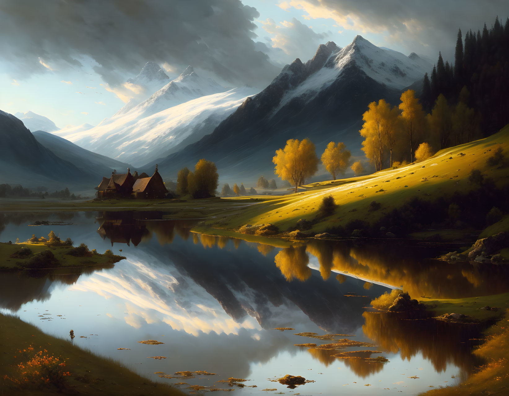 Tranquil landscape: reflective lake, snow-capped mountains, cluster of houses, golden trees