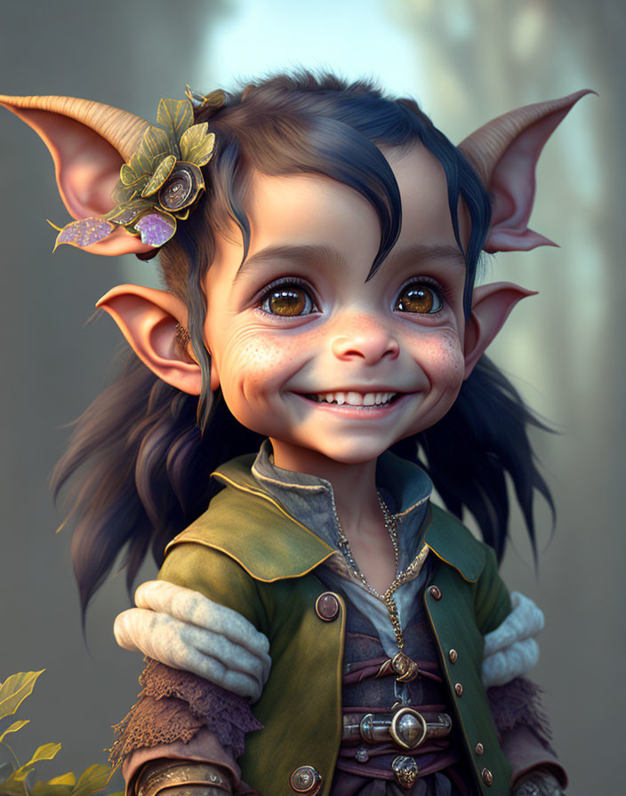 Young fantasy creature digital illustration with pointed ears and green outfit