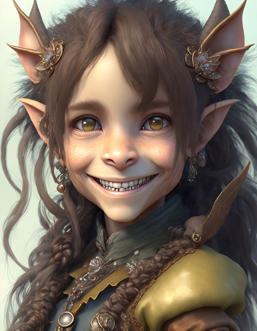 Smiling fantasy character with pointed ears and ornate ear jewelry