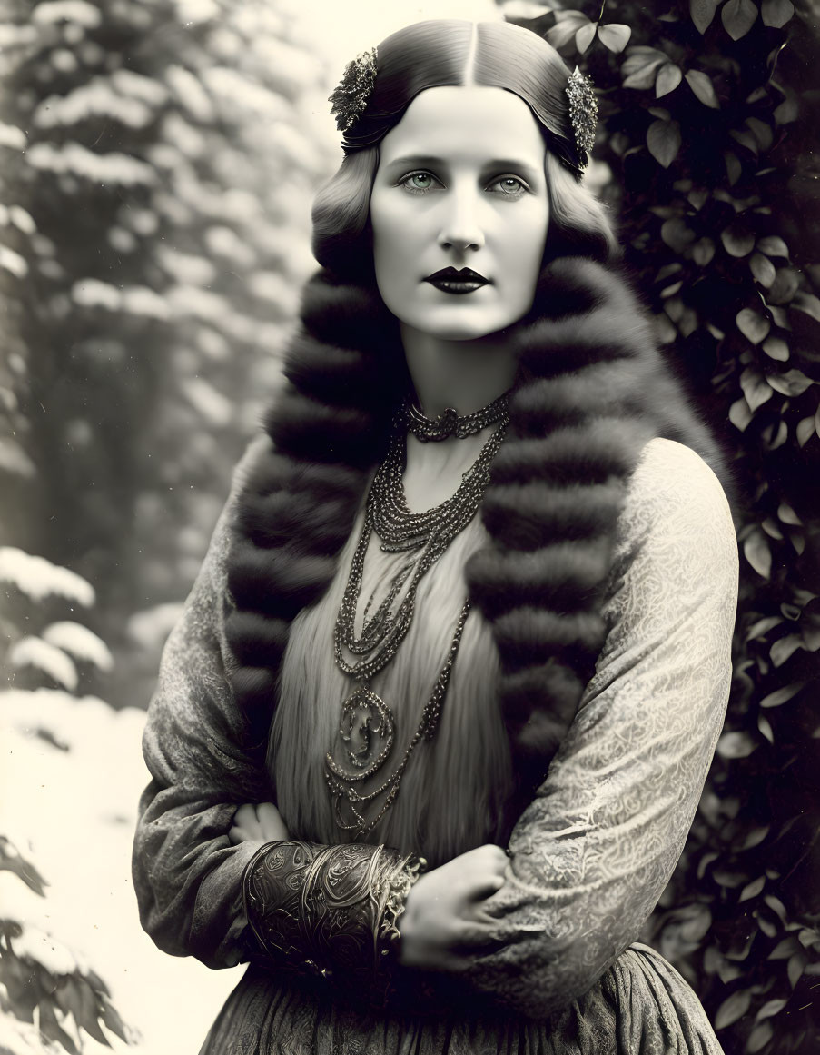 Vintage portrait: Woman in fur stole, headpiece, necklaces, patterned dress, posing with