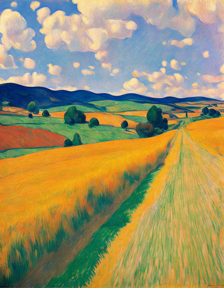 Colorful painting: Rural landscape with golden wheat field and green hills under fluffy cloud sky