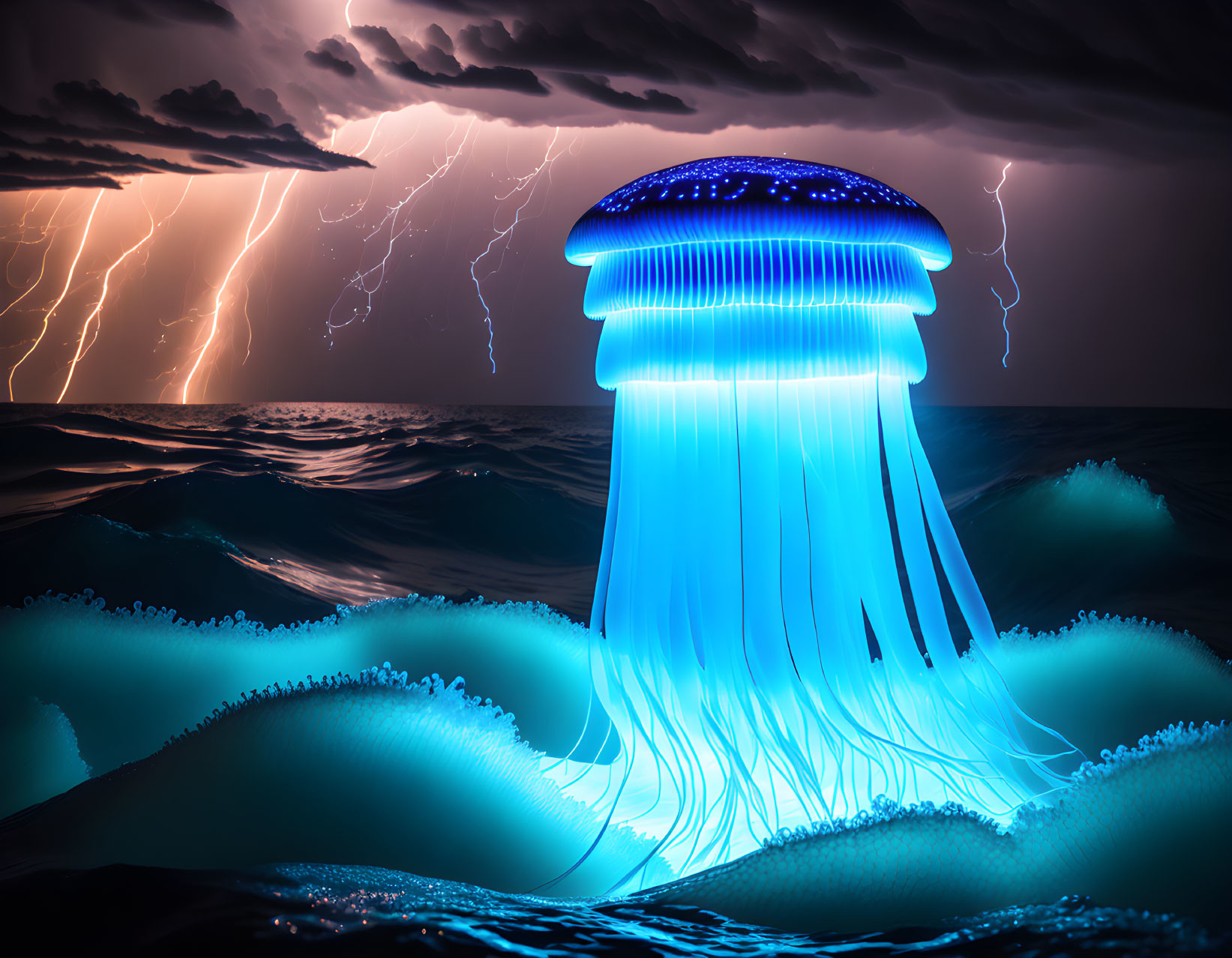 Bioluminescent jellyfish in dark ocean with stormy sky and lightning.