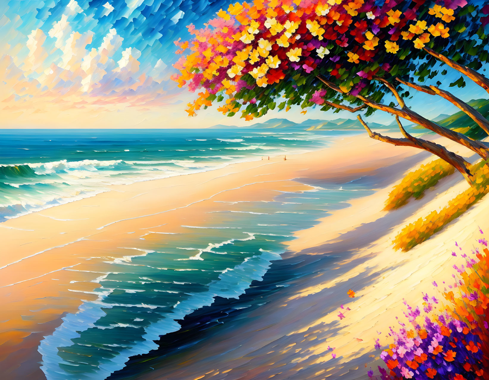 Colorful beach painting with flowers, waves, figures, and blue sky.