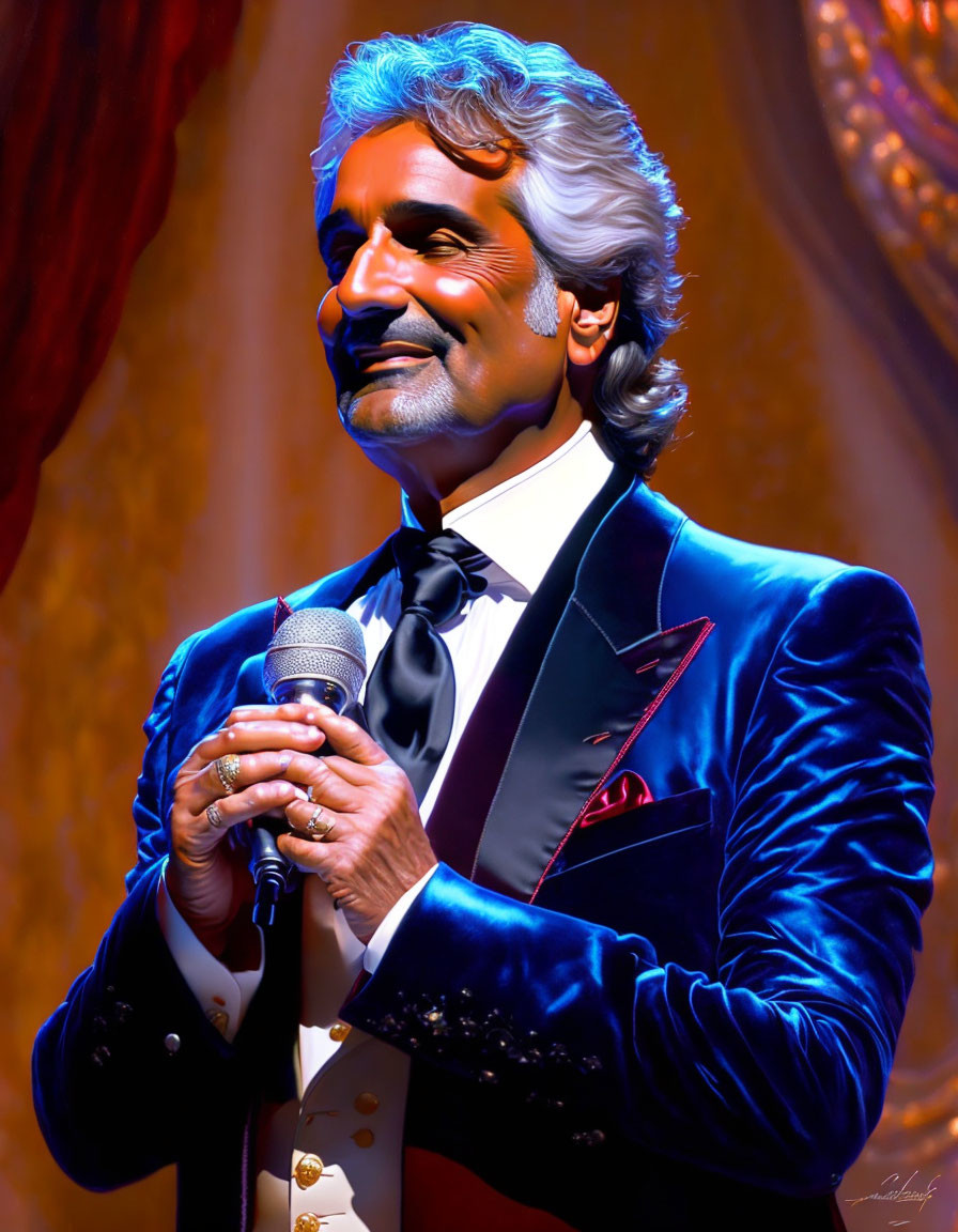 Silver-haired performer in blue tuxedo with microphone on warm-lit stage