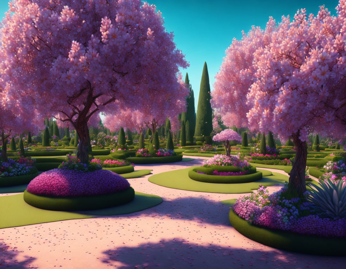 Vibrant stylized garden with pink blossoming trees and green hedges