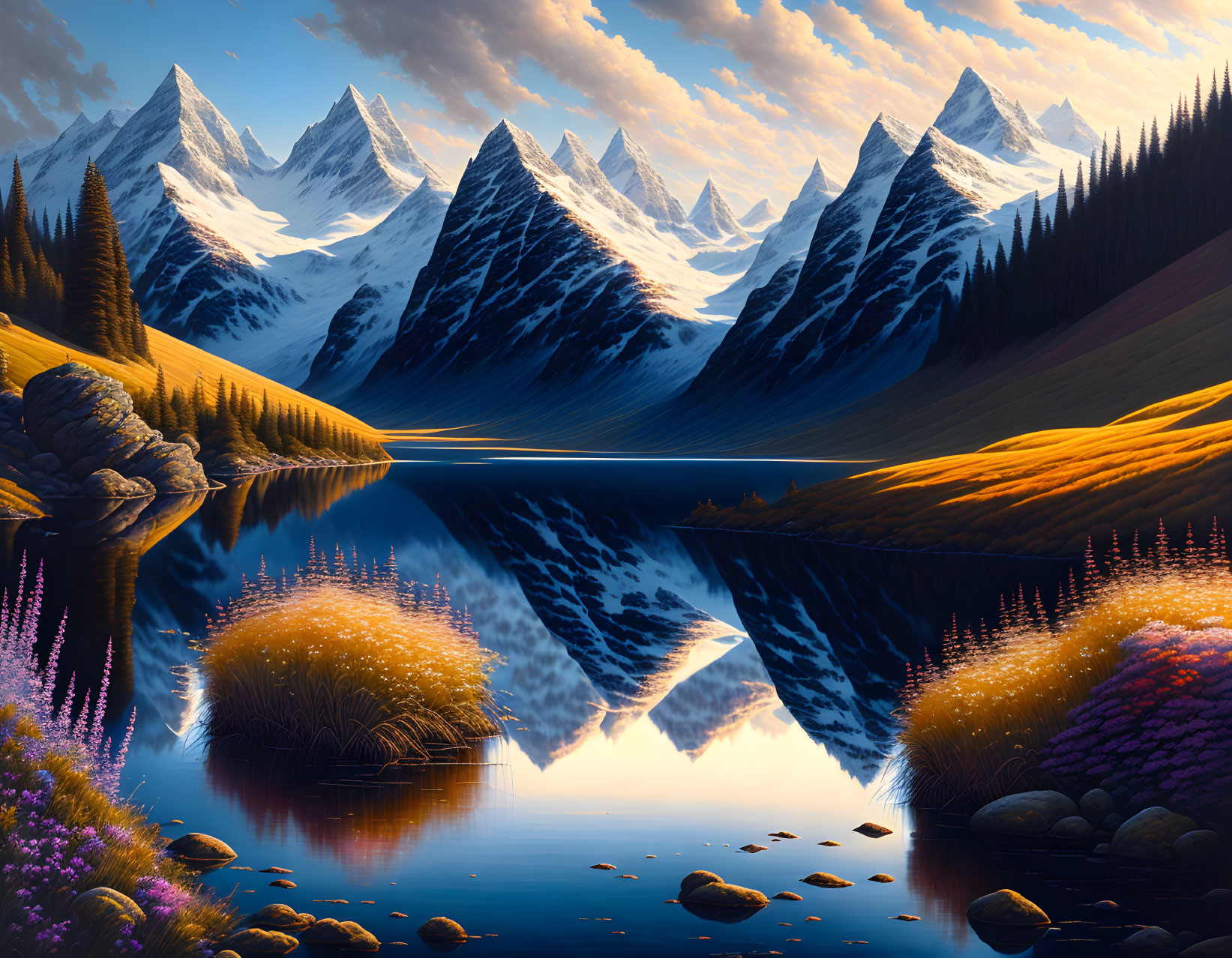 Snow-capped mountains reflected in calm lake surrounded by meadows and wildflowers under warm sunset sky