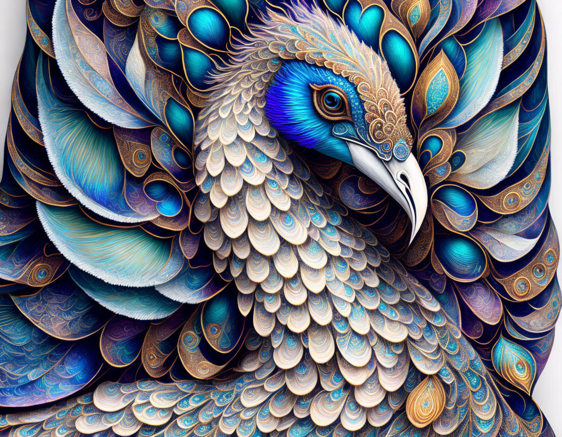 Colorful Peacock Illustration Featuring Blue, Turquoise, and Gold Feathers