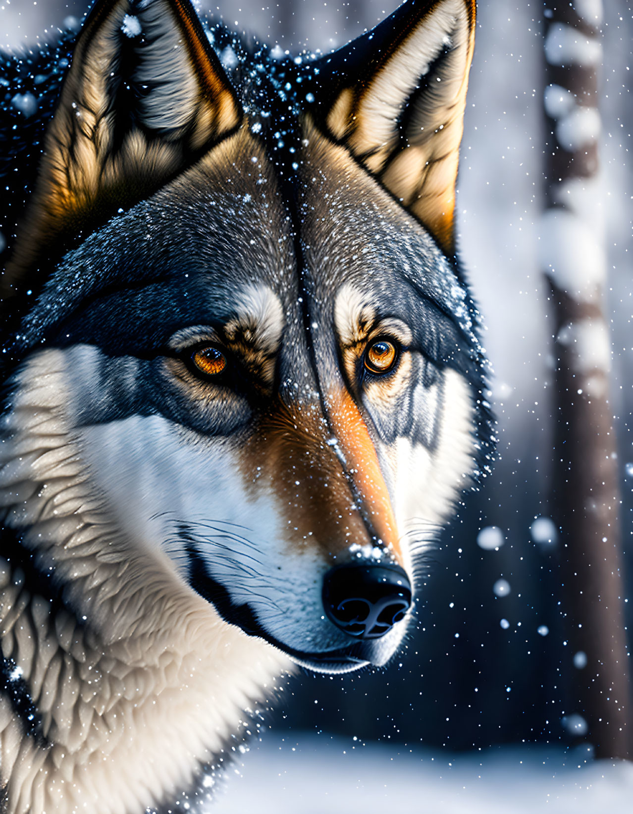 Close-up of wolf with orange eyes in falling snowflakes.