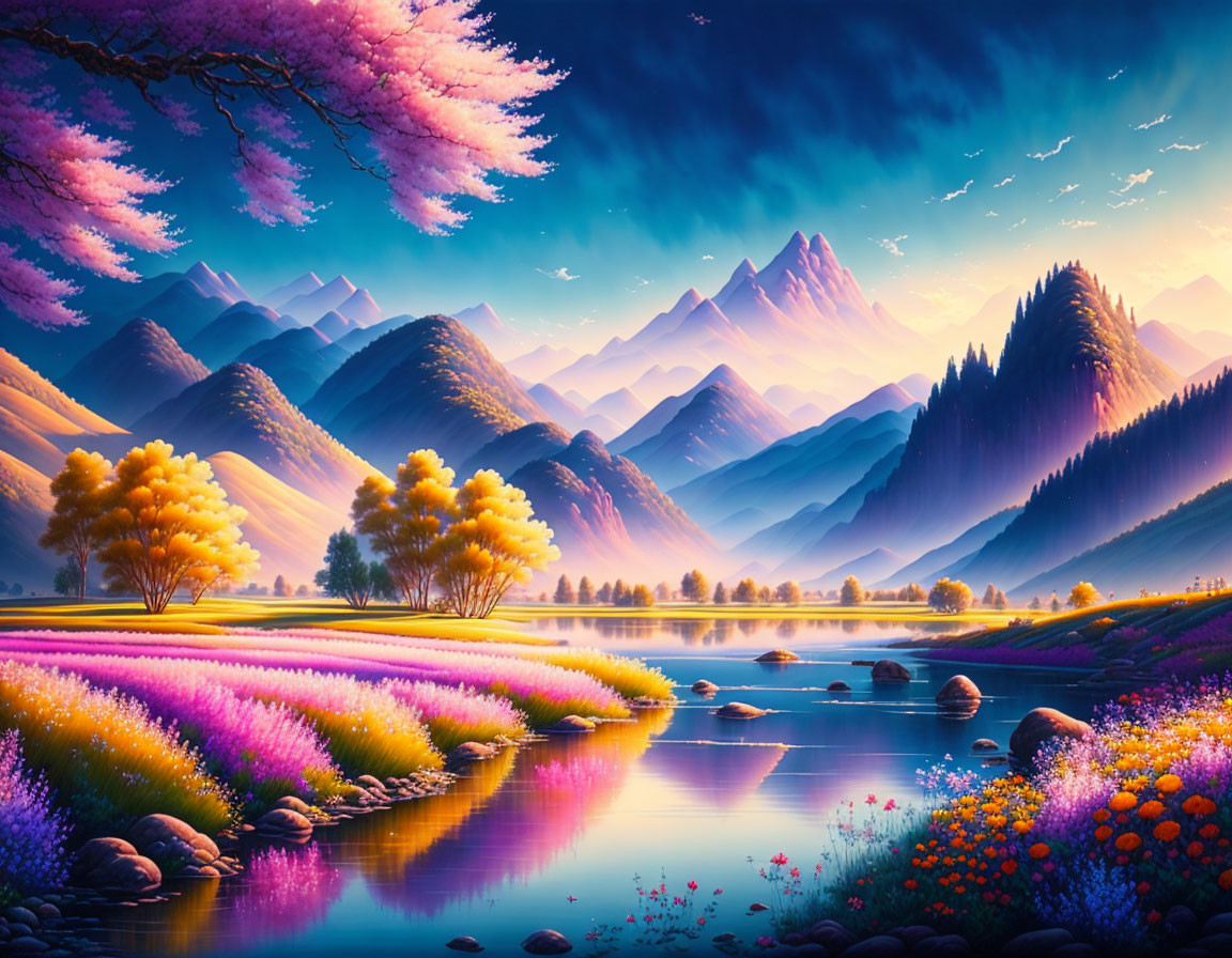 Scenic landscape with purple flowers, serene lake, colorful trees, and mountains at sunset