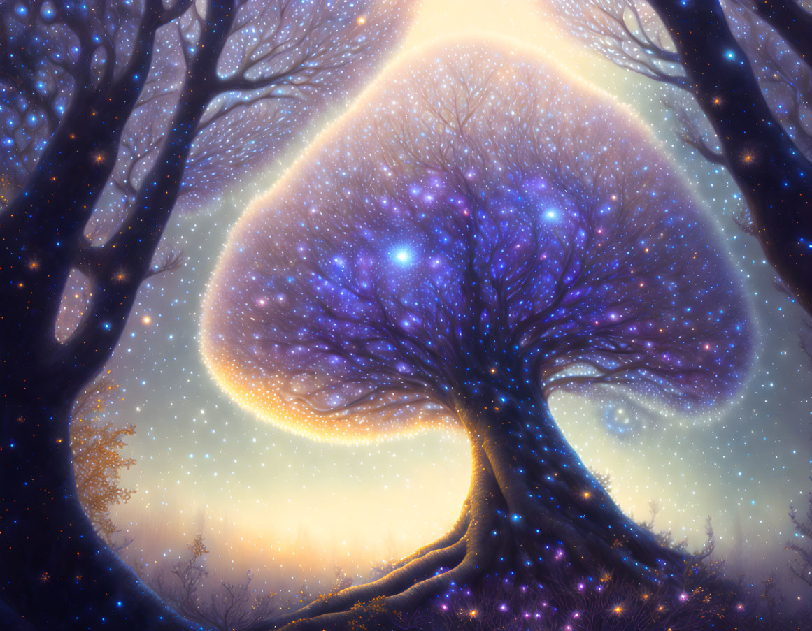 Mystical tree with purple foliage under starlit sky and golden light