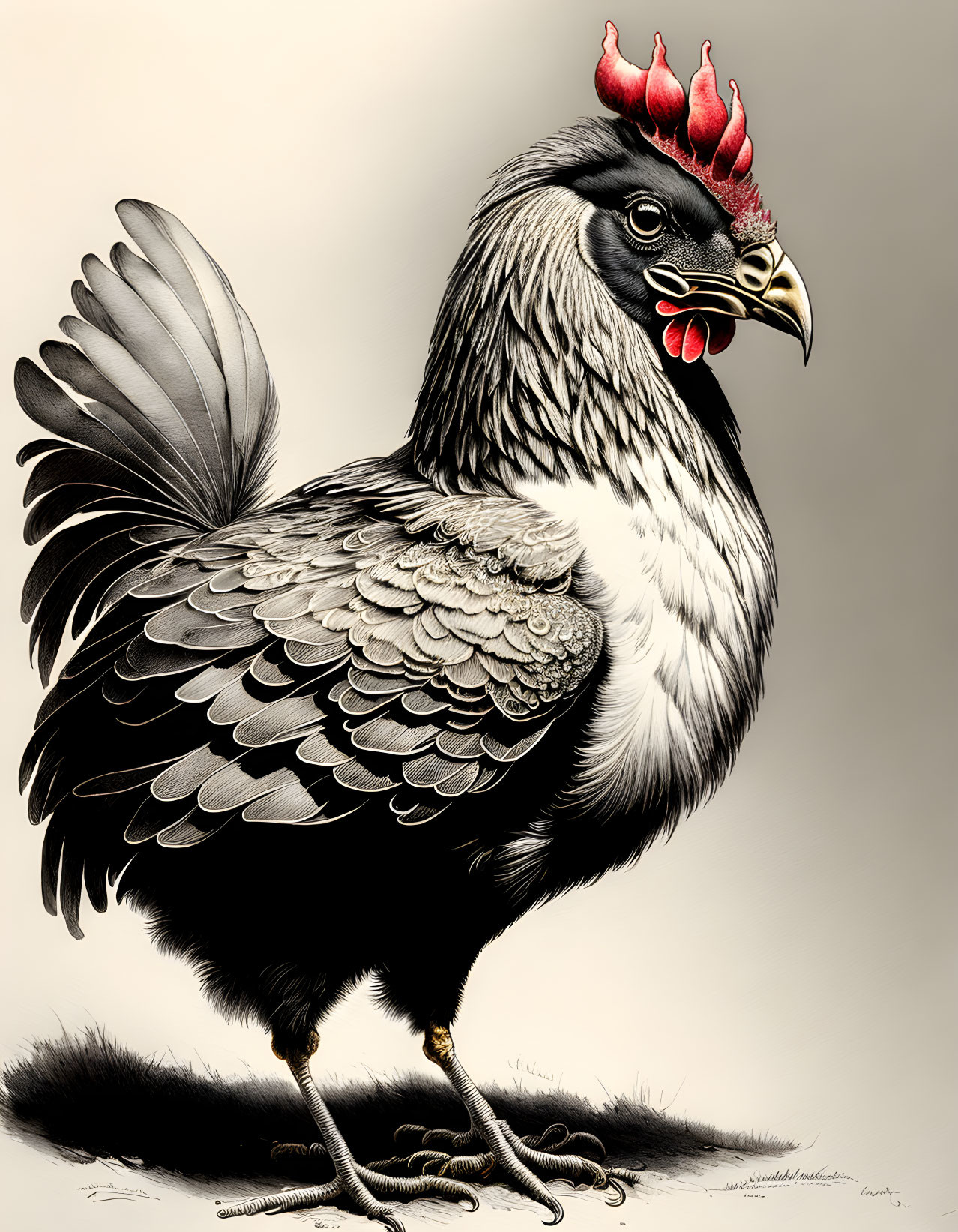 Detailed Chicken Illustration with Red Comb and Wattle Standing on One Leg