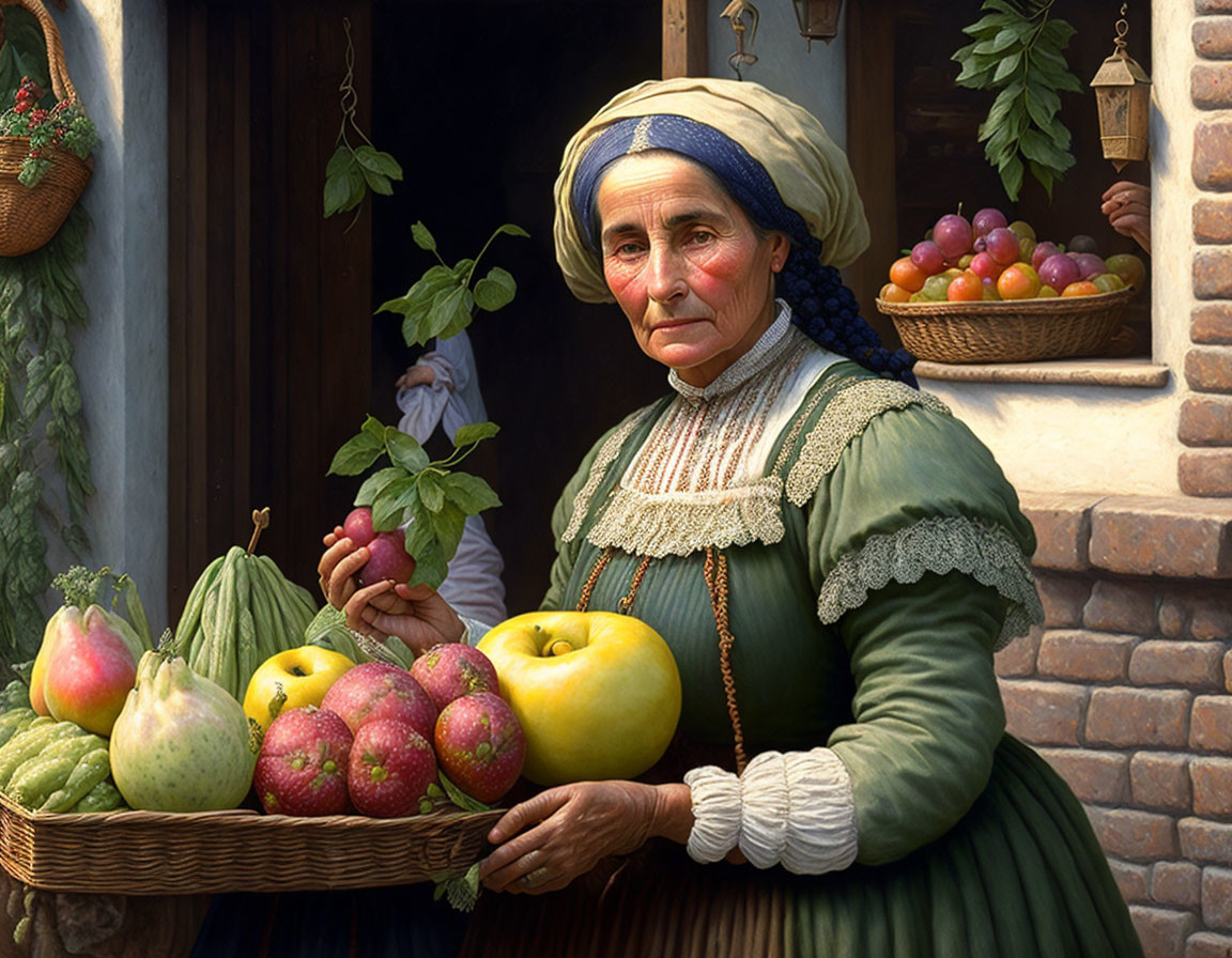 Elderly woman in traditional attire with fruits by window