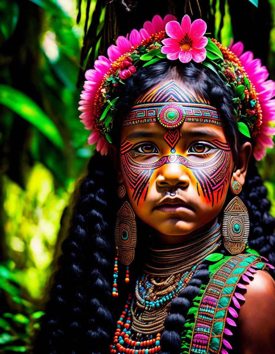 Young girl in tribal face paint and floral headdress displaying indigenous attire.