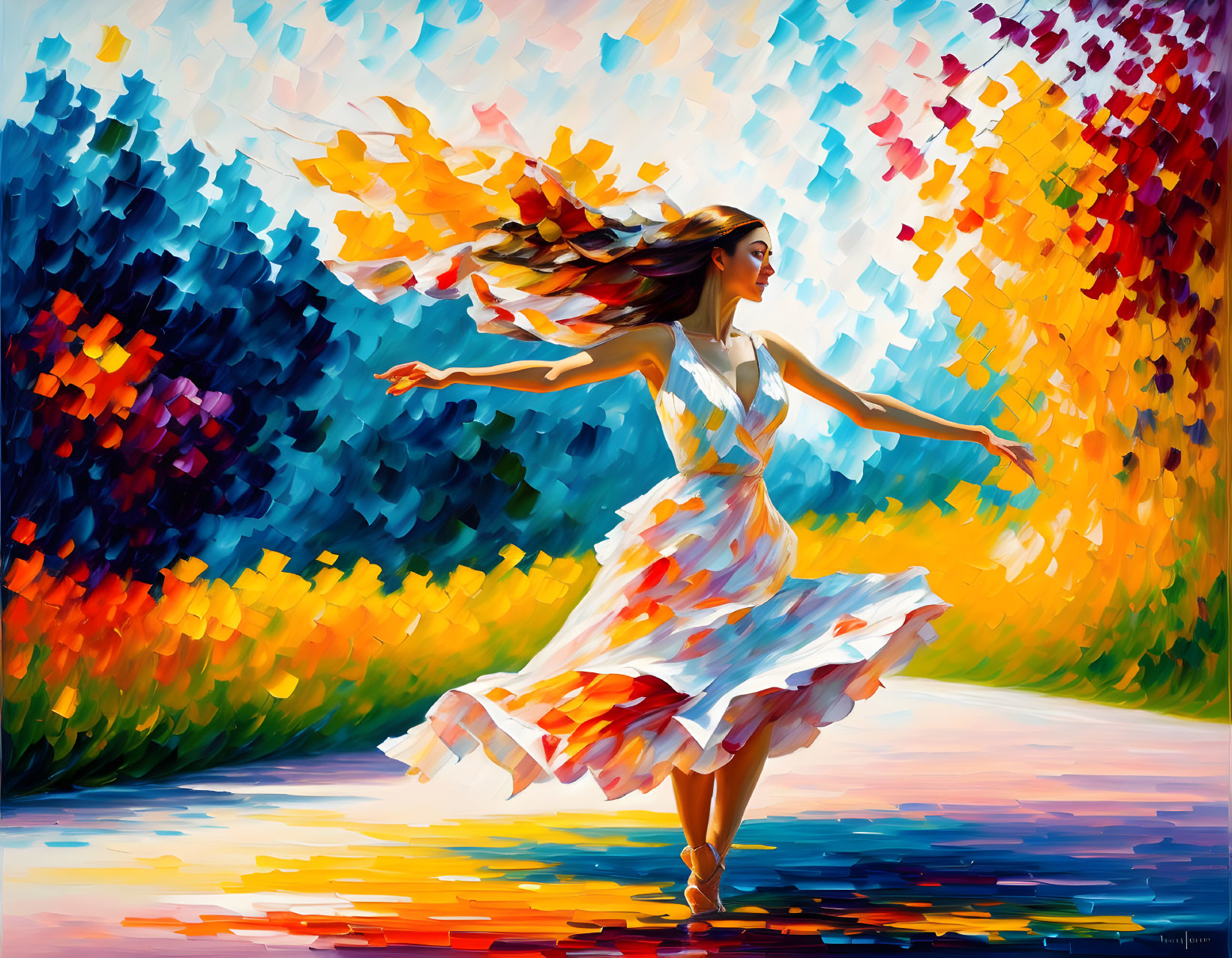 Colorful Impressionistic Painting of Woman Dancing in Abstract Forest