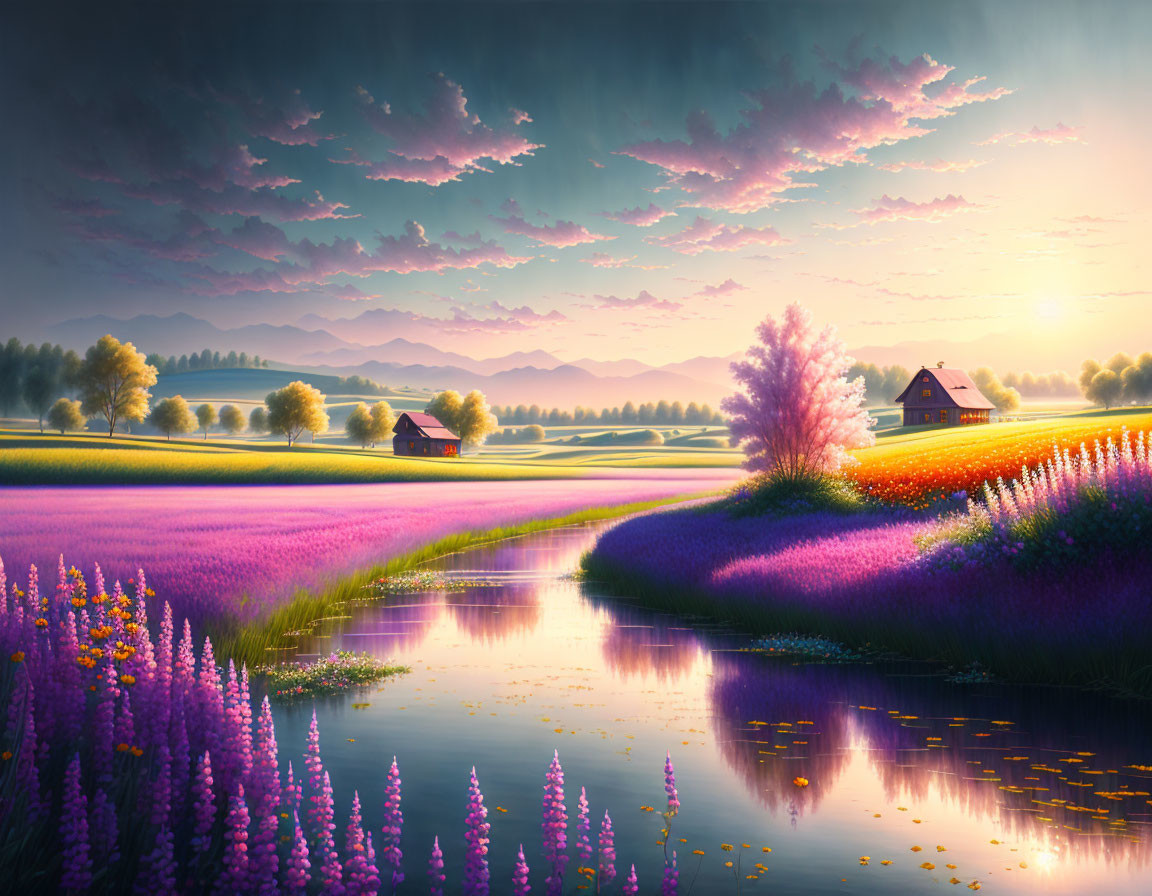 Tranquil sunset landscape with purple lupine fields, reflective river, rolling hills, serene sky,