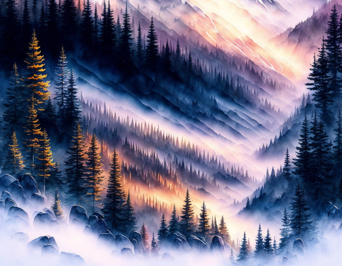 Misty forest sunrise over layered mountains