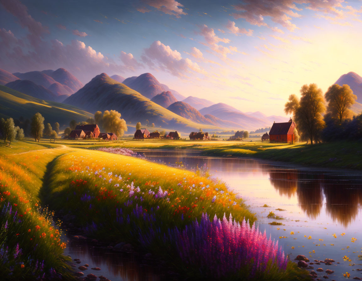 Tranquil sunset landscape with river, wildflowers, cottages, and rolling hills