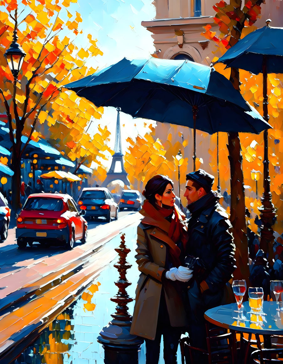 Couple embracing under blue umbrella on Parisian street with Eiffel Tower in background