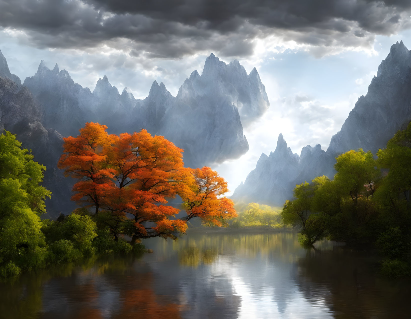 Orange Tree Against Misty Mountains and Reflective Lake Under Cloudy Sky