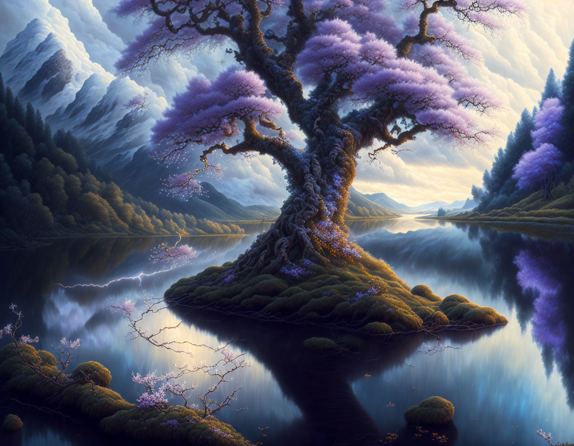 Majestic purple tree on island by tranquil lake and mountains at twilight