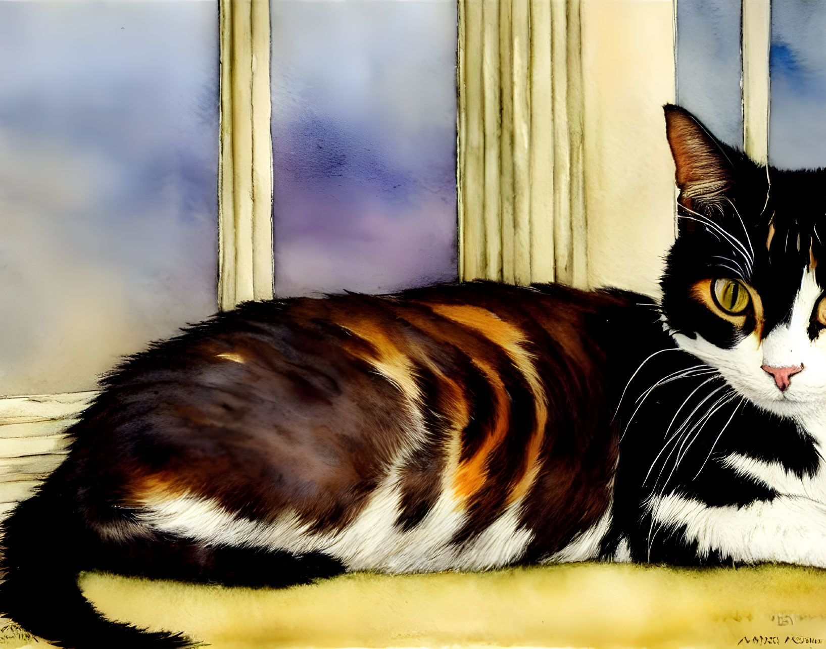 Calico Cat with Black and Orange Coat Resting by Window