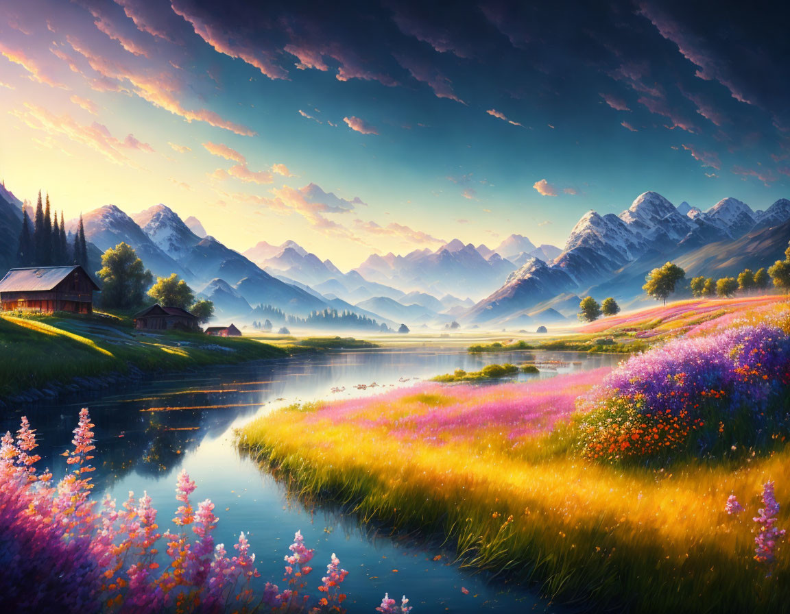 Scenic landscape with wildflowers, river, mountains, cottage, and dramatic sky