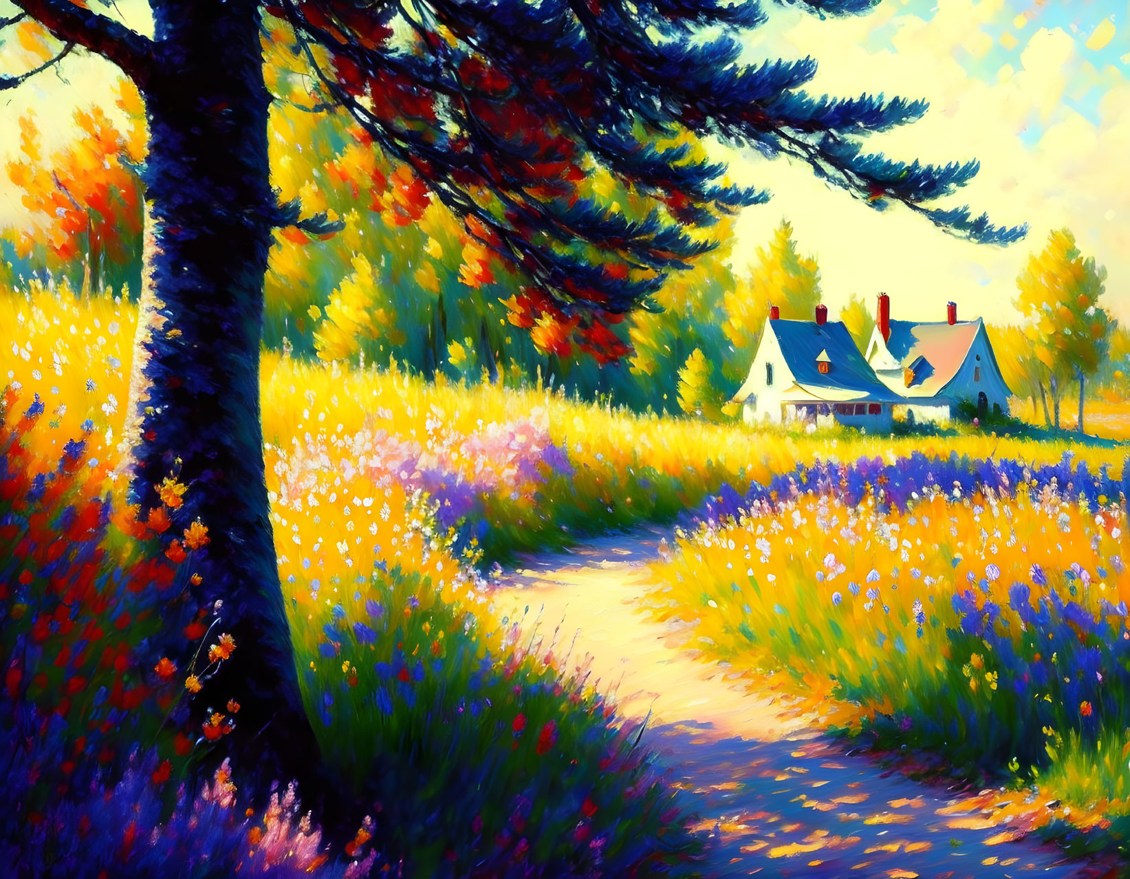 Colorful painting of house in meadow with winding path and bent tree.