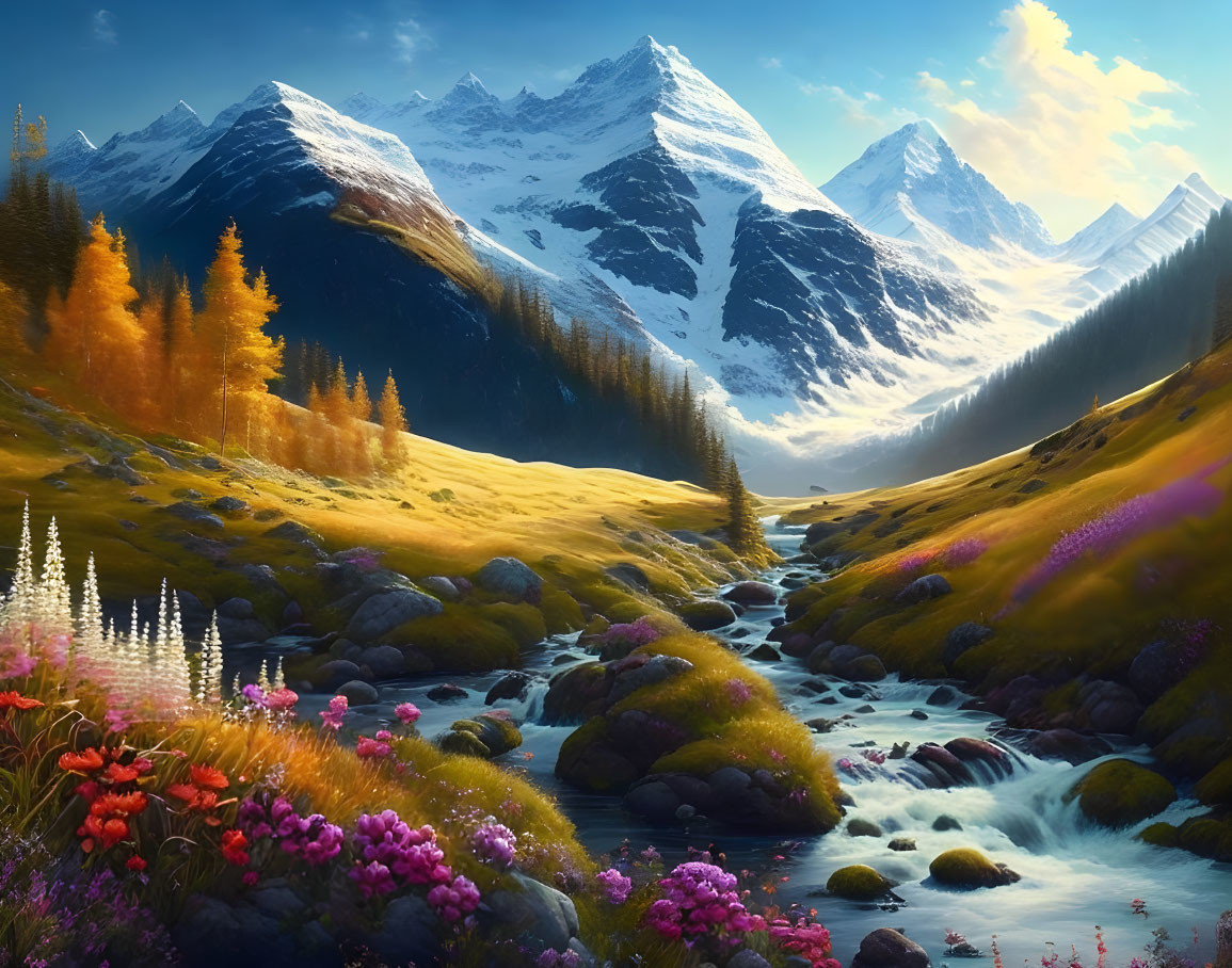 Vibrant meadow, meandering stream, snow-capped mountains in serene landscape