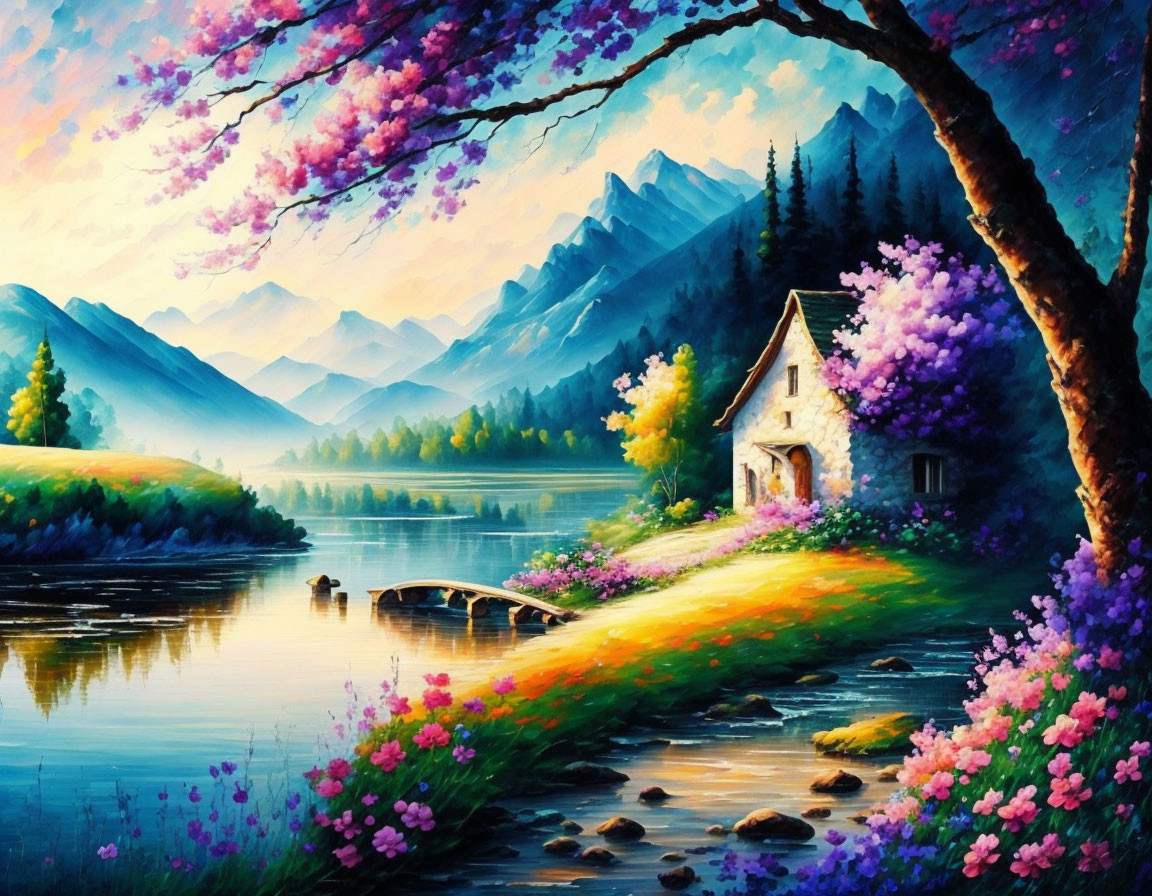 Scenic landscape painting: cottage by river, pink blossoms, mountains.