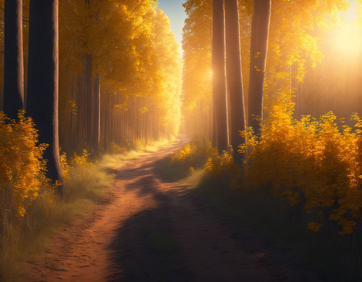 Golden autumn trees line serene forest path under sunlight