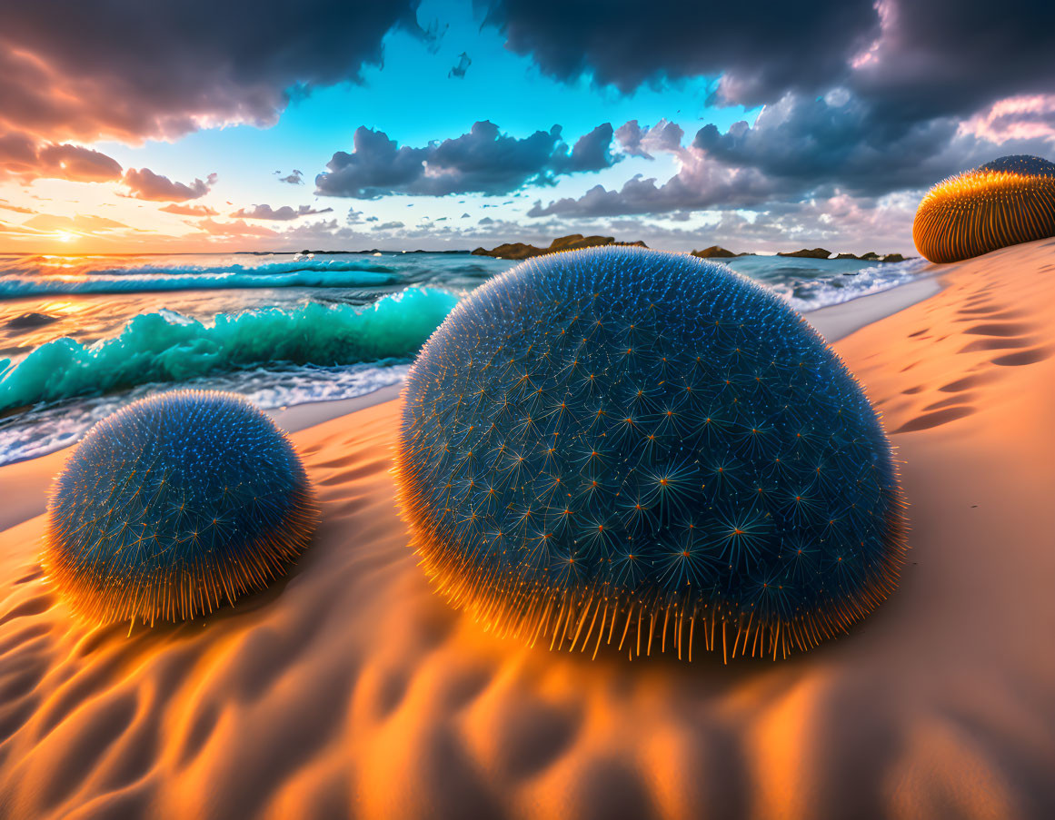 Vibrant sunset scene: giant sea urchins on sandy beach with blue waves and colorful sky