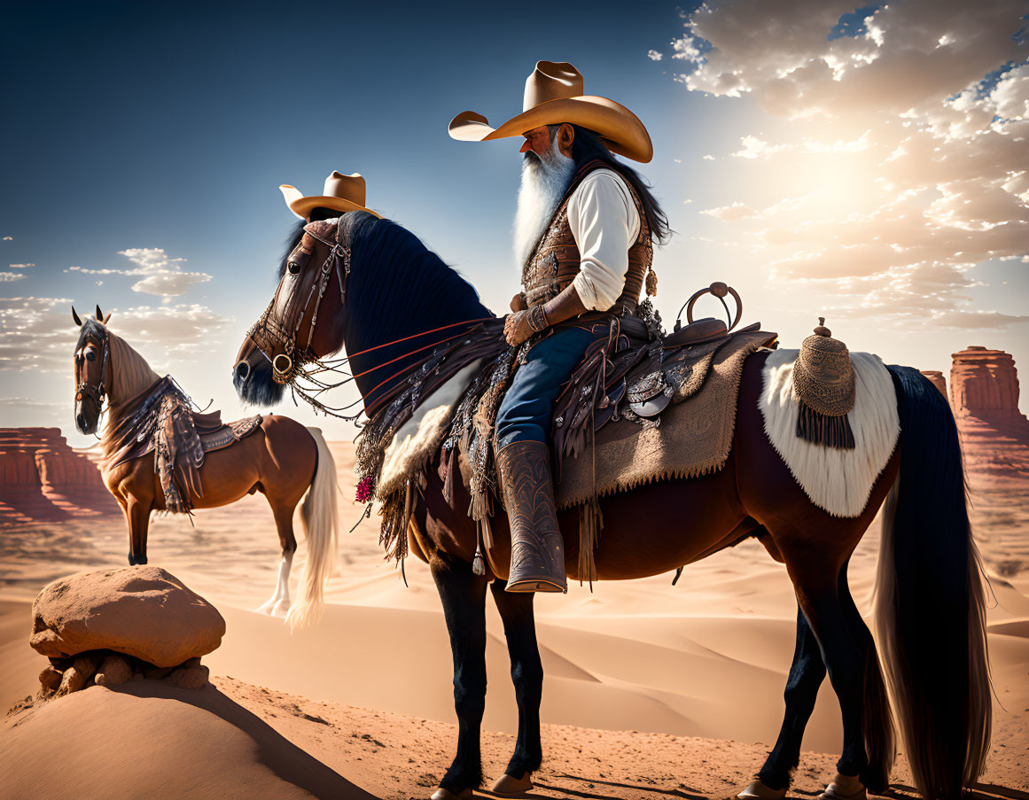 Cowboy riding horse in desert with red rock formations under blue sky