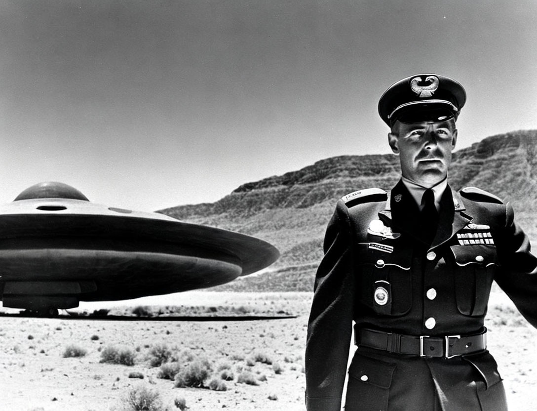 Monochrome image of military officer with flying saucer in desert