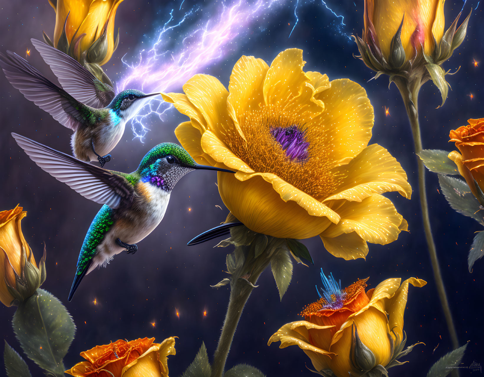Two hummingbirds flying near yellow flowers under a starry sky with lightning.