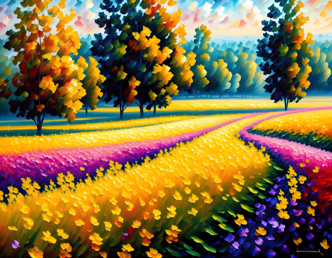 Vibrant impressionistic painting of blooming field and autumn trees