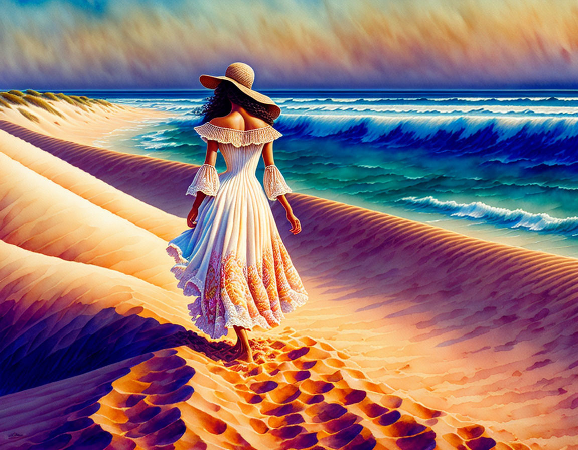 Woman in white dress and hat walking on sandy beach with ocean and colorful sky.