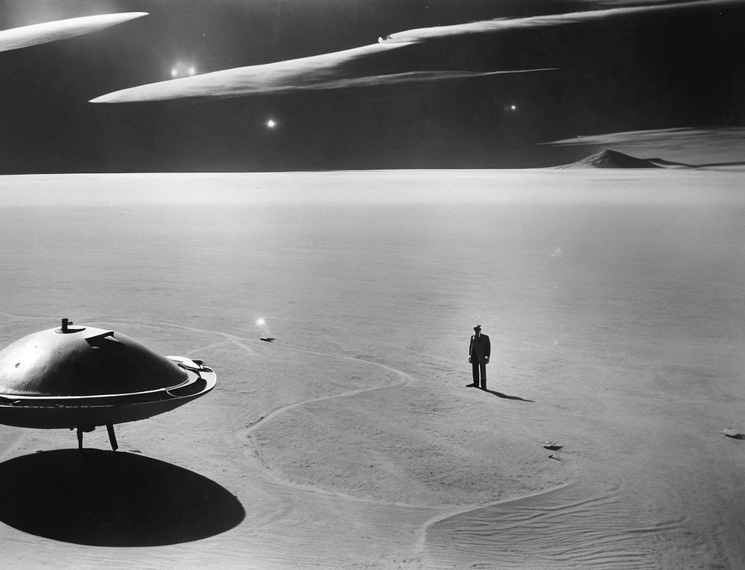 Mysterious saucer-shaped object in barren landscape under dark sky