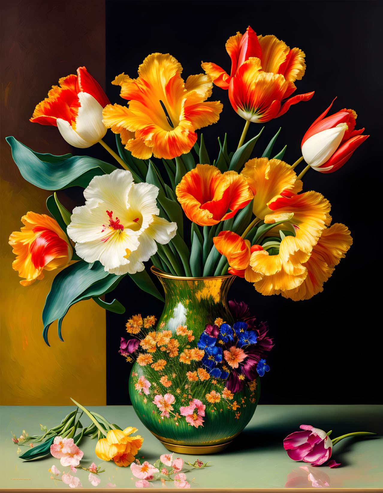 Colorful Tulips in Green Vase with Orange and Red Hues