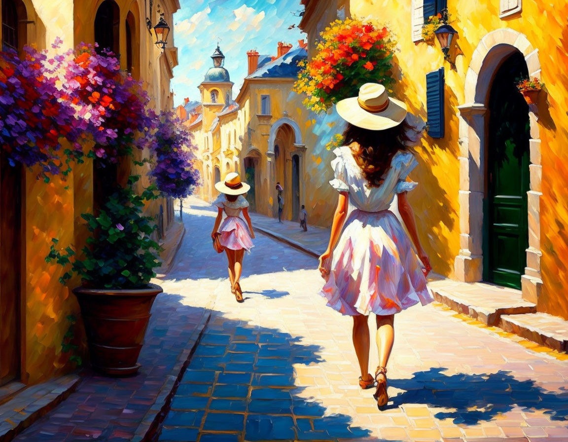 Two Women in Summer Dresses Walking Down Picturesque Cobblestone Street