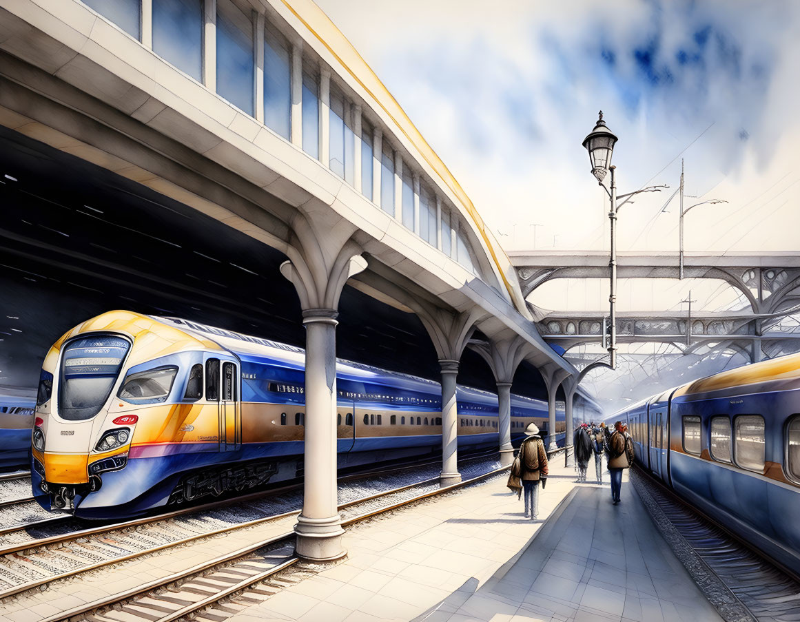 Busy train station with modern and vintage trains, passengers, platform, clear sky, and overhead bridge.