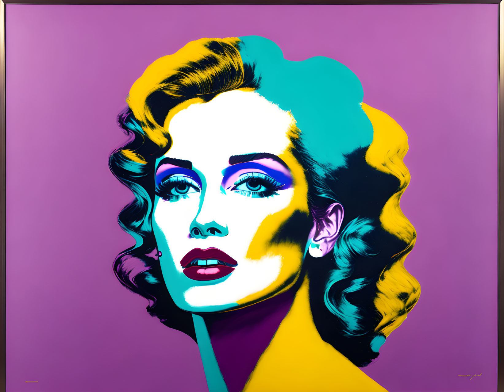 Colorful pop art portrait of a woman with stylized hair and makeup on purple background