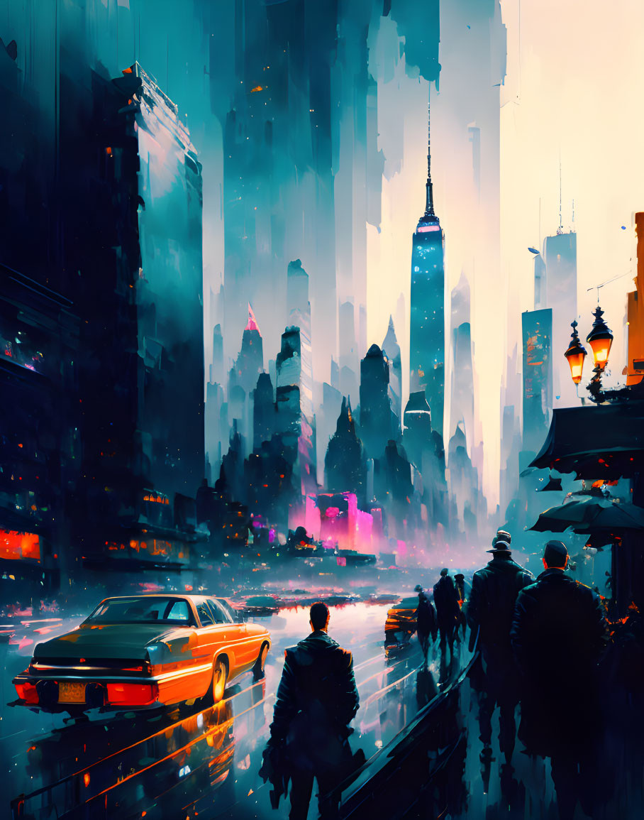 Colorful futuristic cityscape with skyscrapers, pedestrians, vintage car at dusk