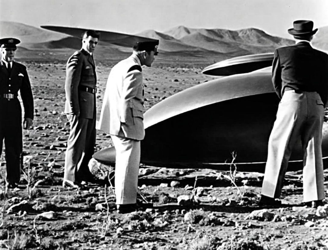 Four Men in 20th-Century Attire Observing Saucer-Shaped Object in Desert