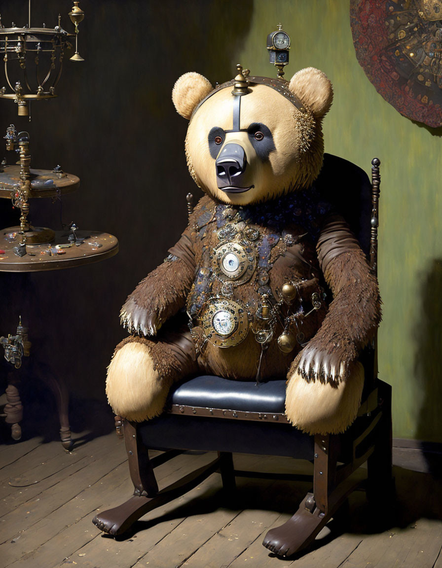 Surreal humanoid bear with mechanical parts in ornate clothing in vintage room